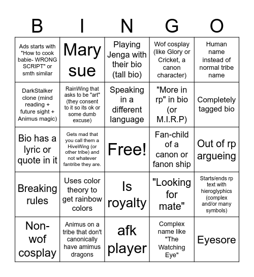 WoF Beta Bingo Card
