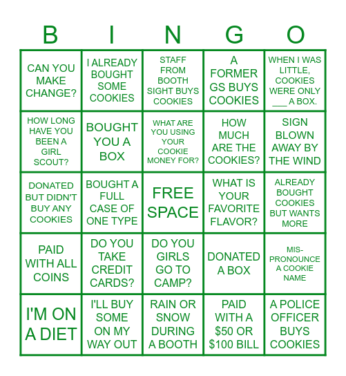 COOKIE BOOTH BINGO Card