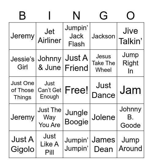 Songs That Start With “J” Bingo Card