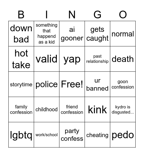 CONFESSIONS BINGO Card