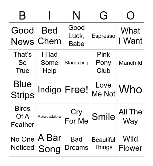 Billboard Year End Top 100 Songs Bingo Card