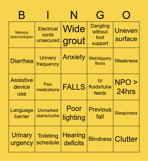 UTSW PCT Fall Prevention Bingo Card