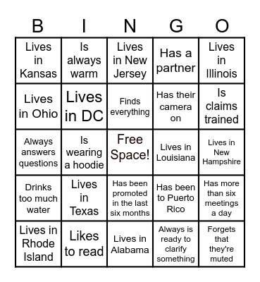Office Meeting Bingo: Find someone who... Bingo Card