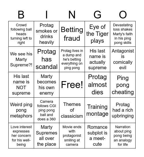 Marty Supreme Bingo Sheet Bingo Card