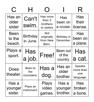 Ice-Breaker Scavenger Hunt Bingo Card