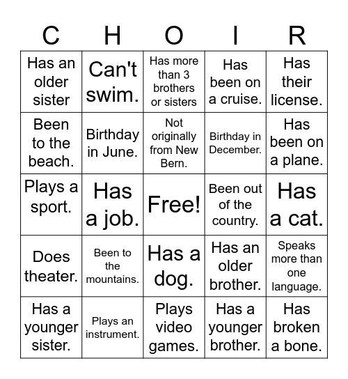 Ice-Breaker Scavenger Hunt Bingo Card