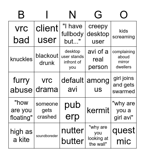 Vr Chat Bingo Card