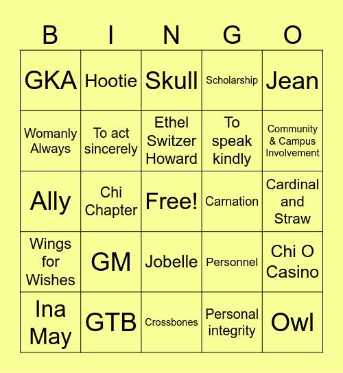 Chi Omega Bingo Night Bingo Card