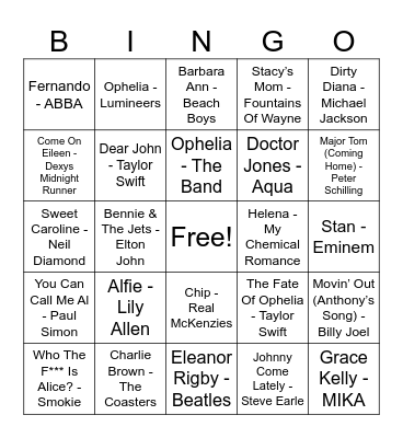 Name That Tune Bingo Card