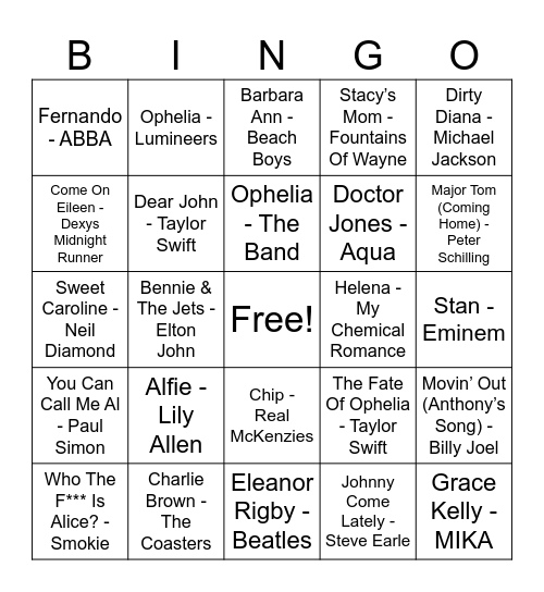 Name That Tune Bingo Card