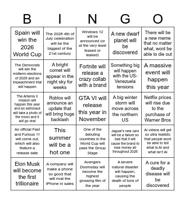 2026 Bingo Card Bingo Card