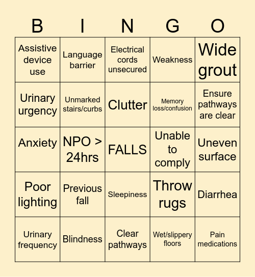 UTSW PCT Fall Preventionv2 Bingo Card