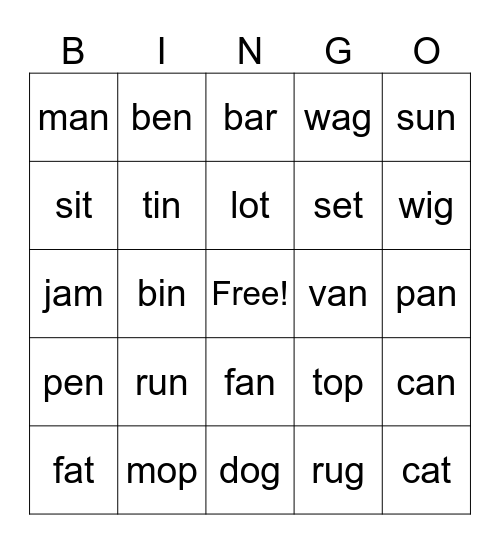 CVC phonics Bingo Card