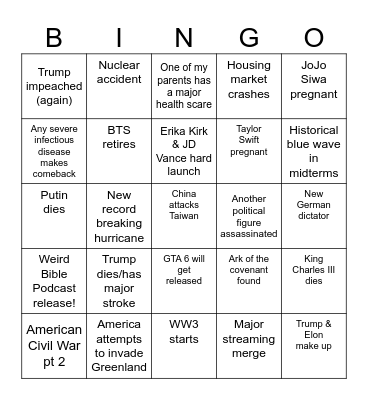 2026 Predictions Bingo Card