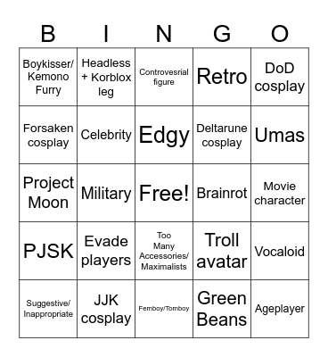 Catalog Avatar Creator Bingo Card