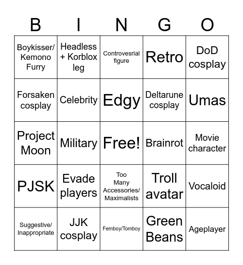 Catalog Avatar Creator Bingo Card