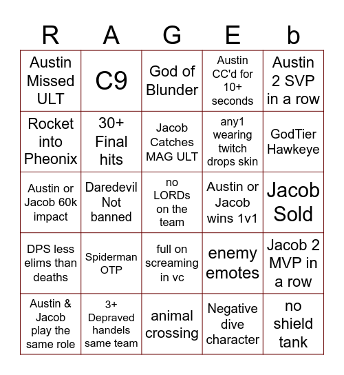 rivals revealed bingo sheet Bingo Card