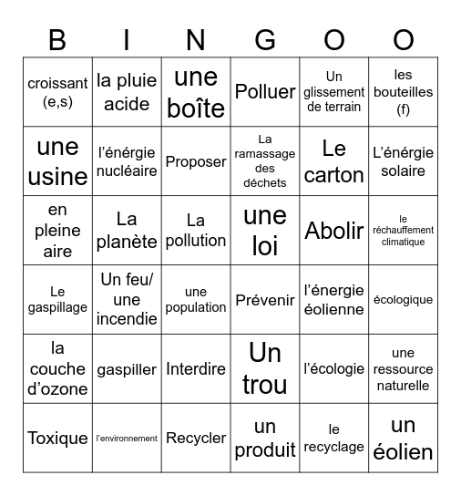 Sauvons la planète Bingo Card