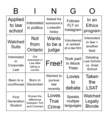 FLT Chambers & Careers: Human Networking Bingo Card