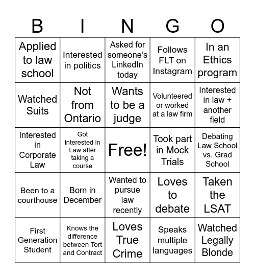 FLT Chambers & Careers: Human Networking Bingo Card