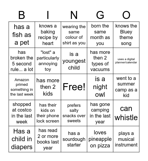 Find a Mom Who Bingo Card
