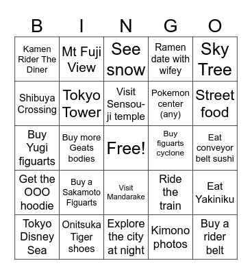 Japan Trip Bingo Card