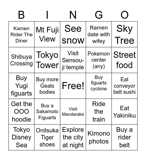 Japan Trip Bingo Card