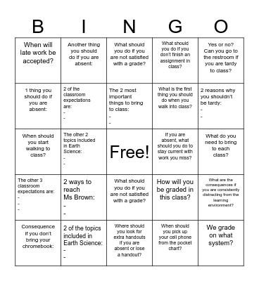 Earth Science Syllabus BINGO Card