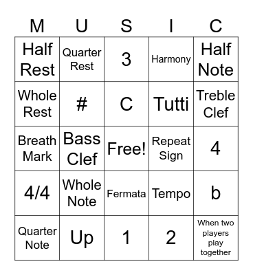 Beginning Band Bingo Card