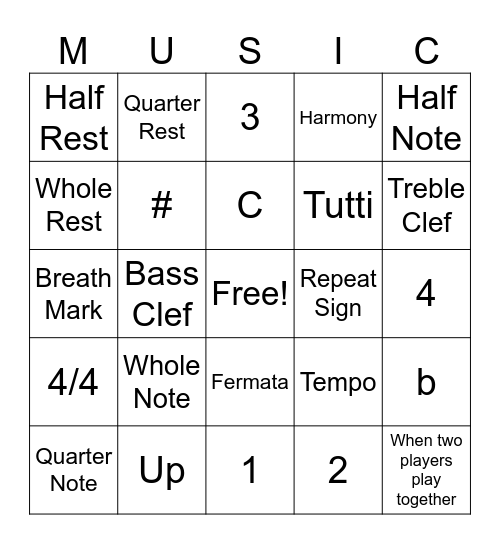Beginning Band Bingo Card