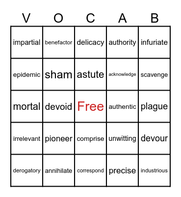 Wordly Wise 7 -- lessons 1-4 Bingo Card