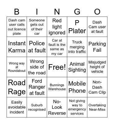 Dash Cams Bingo Card