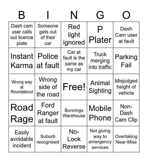 Dash Cams Bingo Card