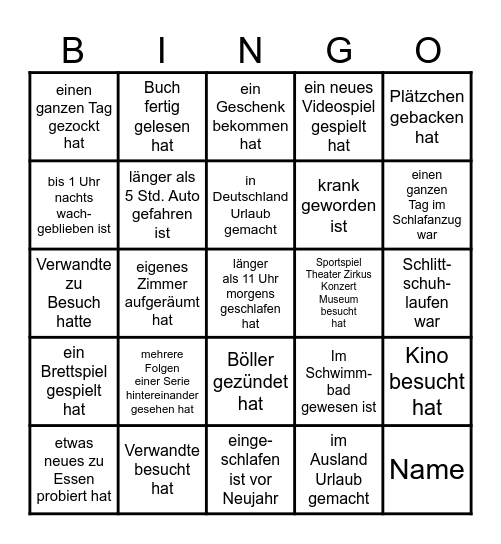 Finde jemanden der in den Weihnachtsferien... Bingo Card