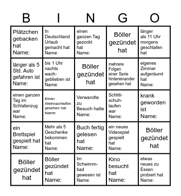 Finde jemanden der in den Weihnachtsferien... Bingo Card