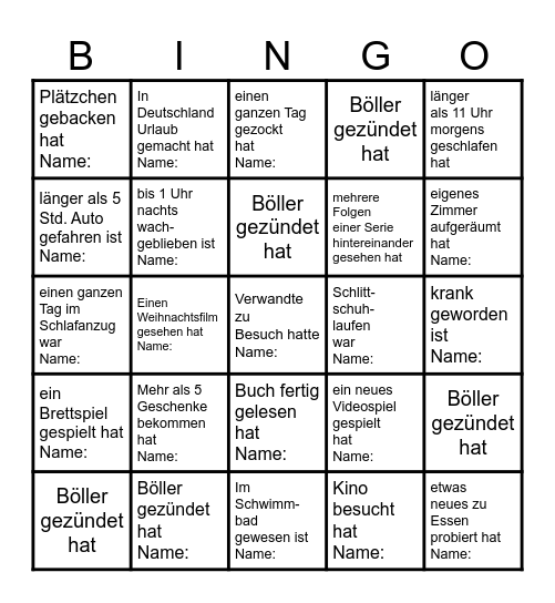 Finde jemanden der in den Weihnachtsferien... Bingo Card