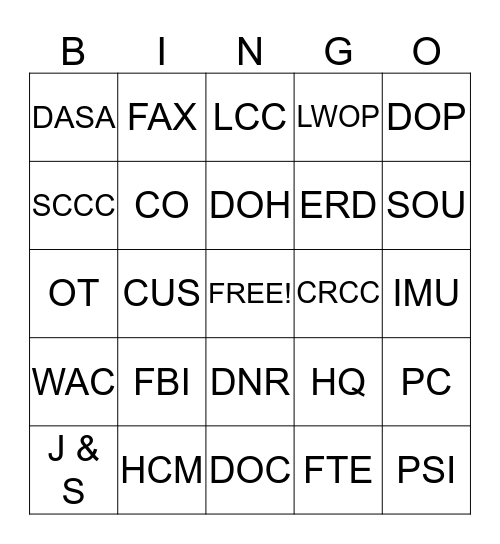 DOC Bingo Card