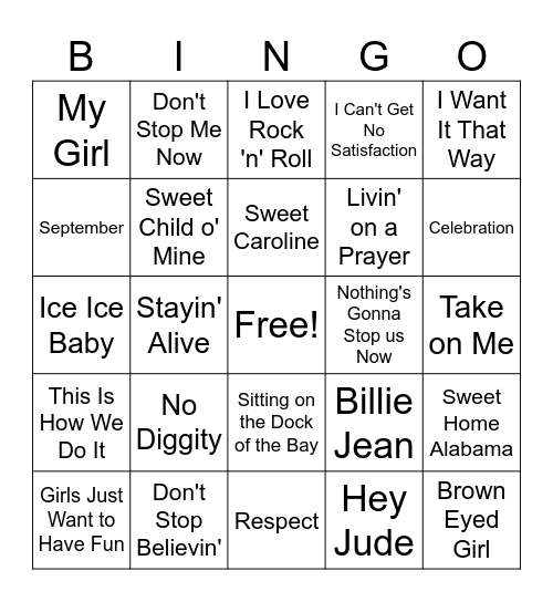 Music Bingo 60s-90s Bingo Card