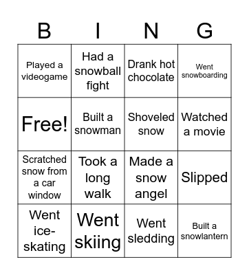 Winter break Bingo Card