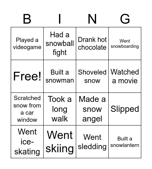 Winter break Bingo Card