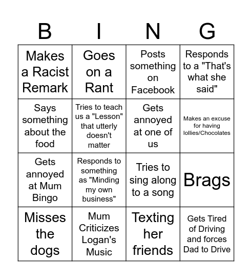 Mum Bingo: Tasmania Edition Bingo Card