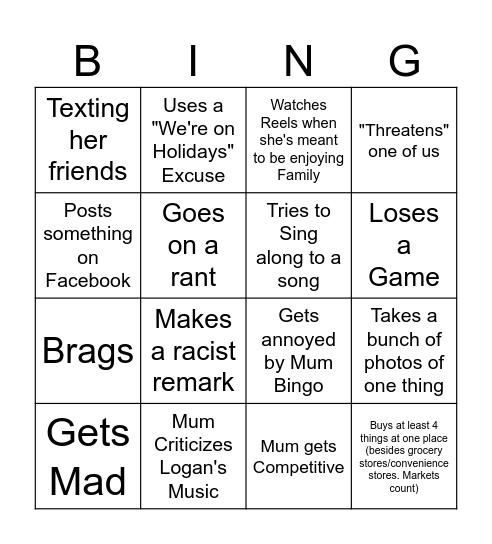 Mum Bingo: Tasmania Edition Bingo Card