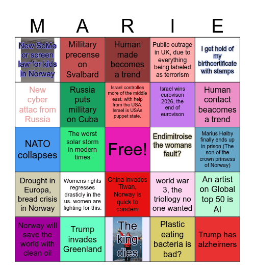 Maries spådommar 2026 <3 Bingo Card