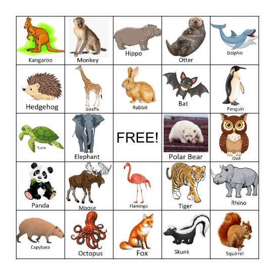 Animal Bingo Card