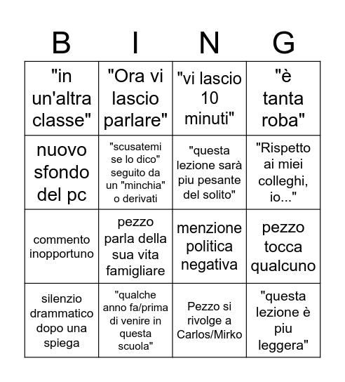 Lezione tipica del Pezzo Pezzente pieno di Pezze Pezzola Bingo Card