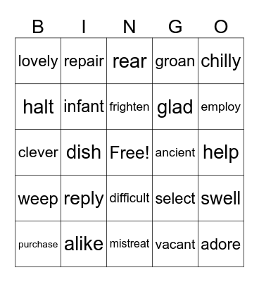 SYNONYMS Bingo Card