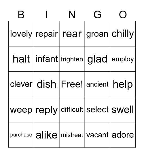 SYNONYMS Bingo Card