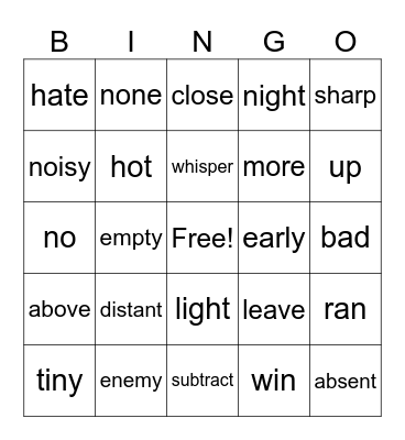ANTONYM Bingo Card