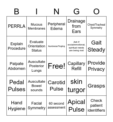 Physical Assessment Bingo Card