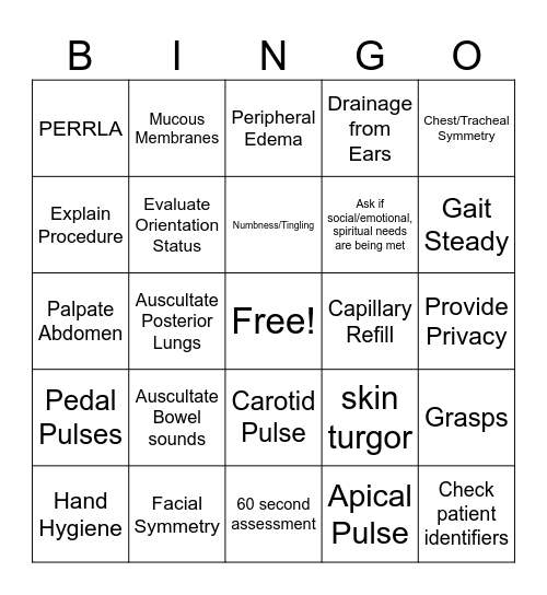 Physical Assessment Bingo Card